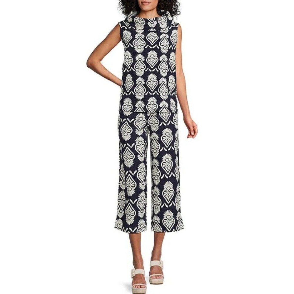 Bryn Walker Tulum Print 2 Piece Set Size S Cowl Top Wide Leg Crop Pants USA Made